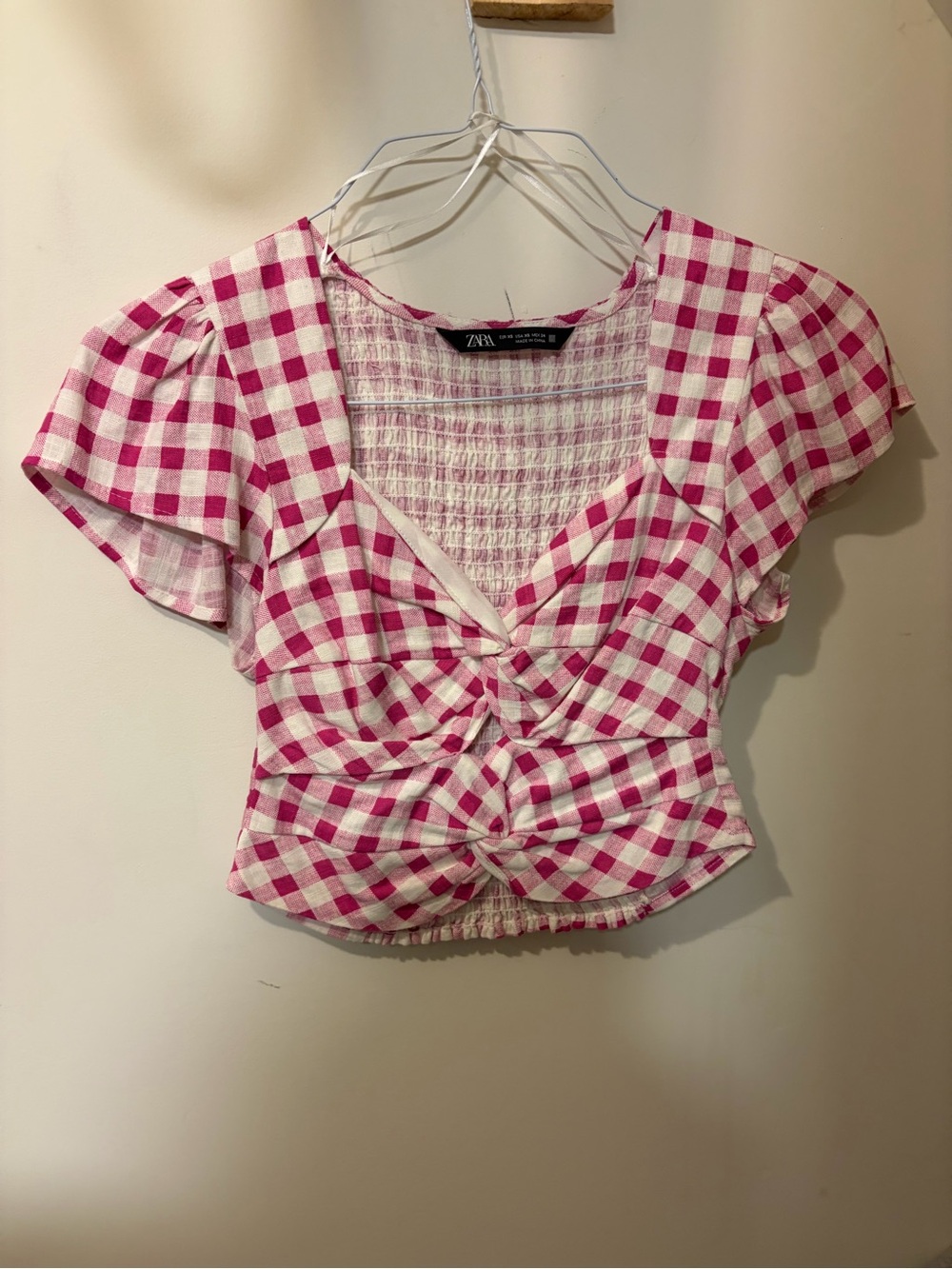 Zara Pink White Gingham Twist-Front Crop Top